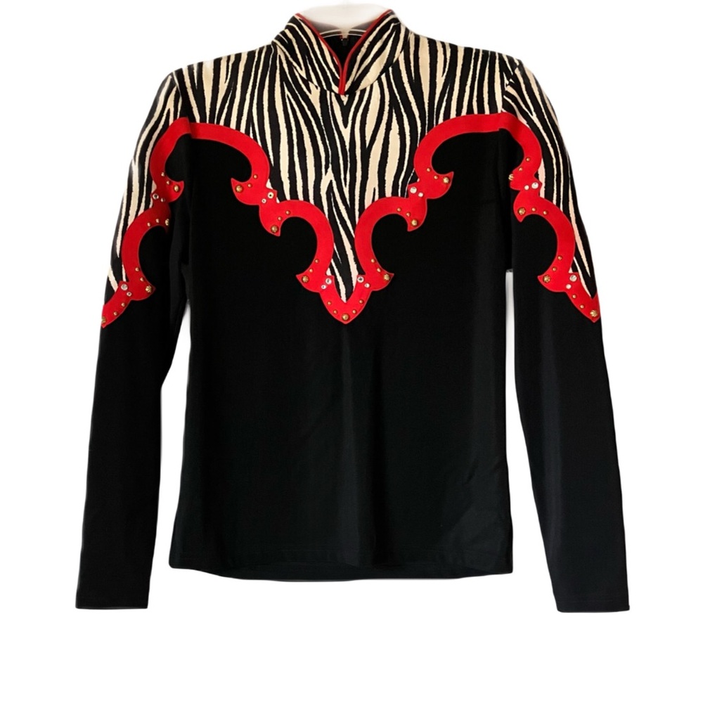 Vintage Hobby Horse Show Top, Red/Black/Zebra, Gold Accents, Rhinestones,Sz. L